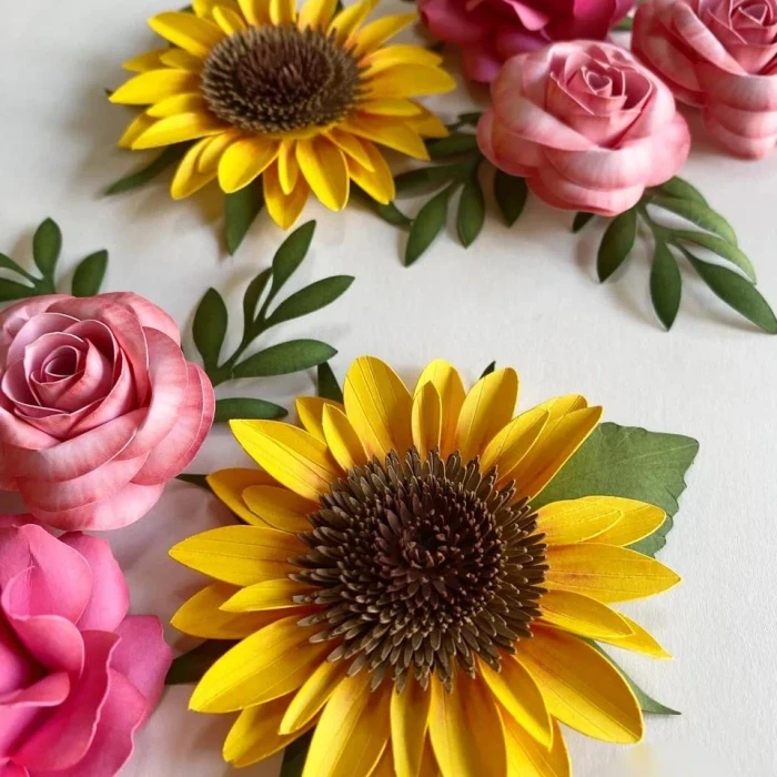 Girassóis e rosas de papel para decoração artesanal